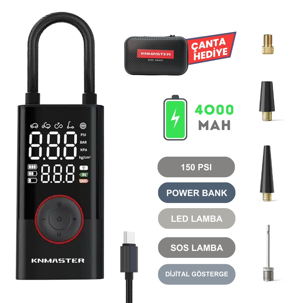 Knmaster LP200 – 150 PSI Dijital Göstergeli Şarjlı Hava Pompası
