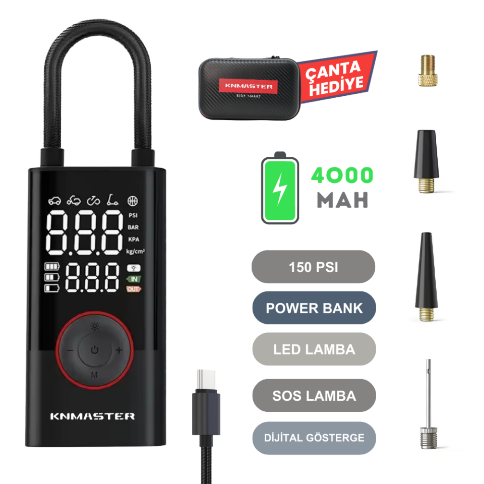Knmaster LP200 – 150 PSI Dijital Göstergeli Şarjlı Hava Pompası