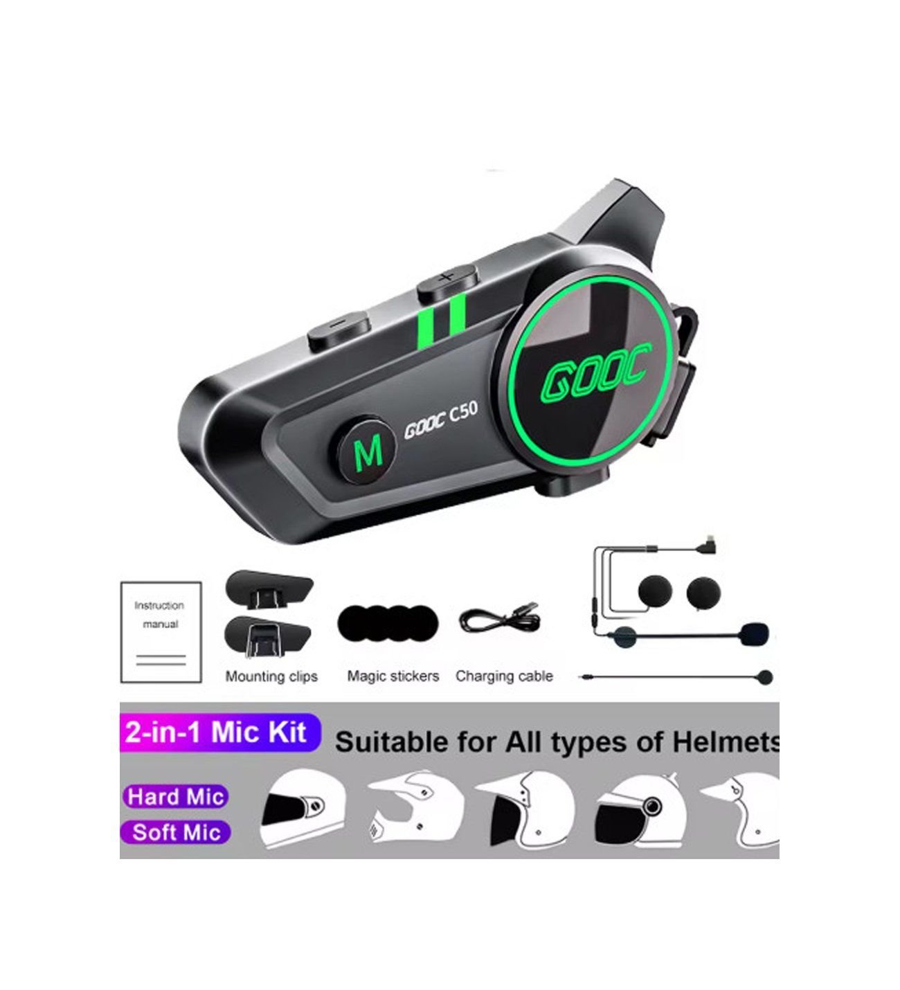 C50 2x Motosiklet Intercom Kask Kulaklık 1500 Mah Rgb Işıklı Çift Eşleşme